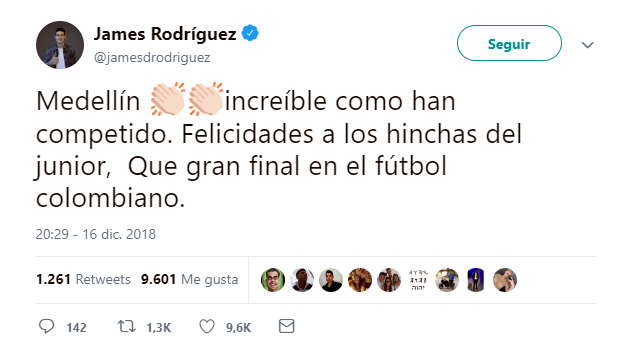 Publicación James Rodríguez final Liga Águila 2018-II
