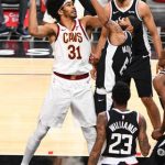 LOS ANGELES, CA – FEBRUARY 14: Cleveland Cavaliers Center Jarrett Allen (31) is fouled going up for a shot defended by