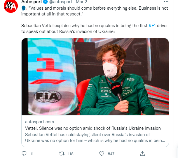 F1 Sebastián Vettel contundente “Callarse, con lo que sucede en Ucrania, no era una opción”