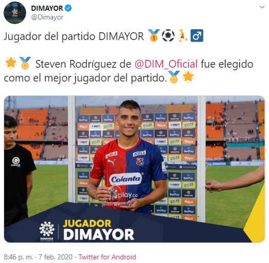 Steven Rodríguez, Dimayor, jugador partido, DIM 3 - 1 Patriotas Boyacá, Liga 2020-I