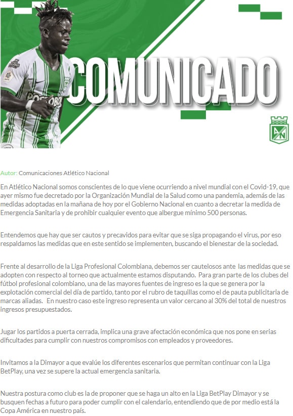 Atlético Nacional, comunicado, Liga 2020-I