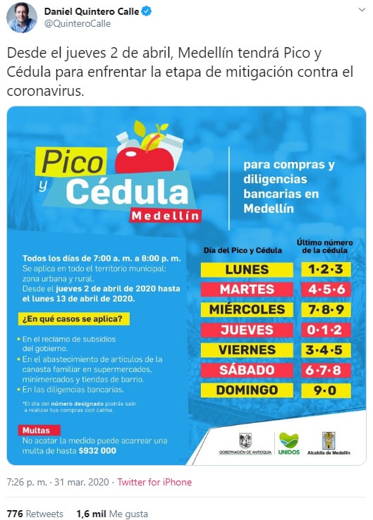 Daniel Quintero Calle, coronavirus COVID-19, Medellín, 'pico y cédula'
