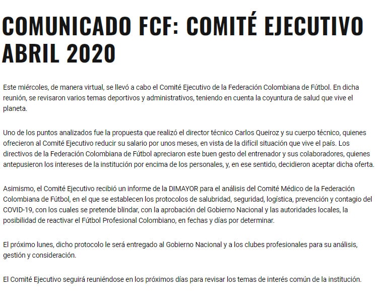Carlos Queiroz, Selección Colombia, Federación Colombiana de Fútbol, comunicado