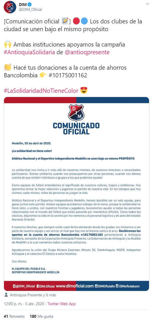 Deportivo Independiente Medellín, Atlético Nacional, coronavirus COVID-19, campaña