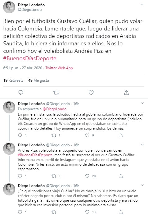 Diego Londoño, Gustavo Cuéllar, reclamo, Buenos días deporte