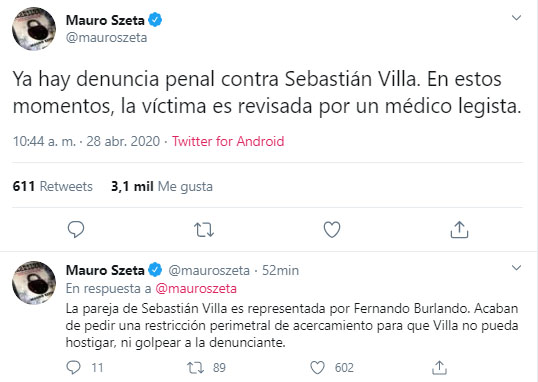 Mauro Szeta, Daniela Cortés, denuncia, Sebastián Villa