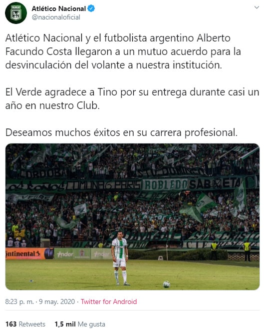 Atlético Nacional, Alberto ‘Tino’ Costa, desvinculación