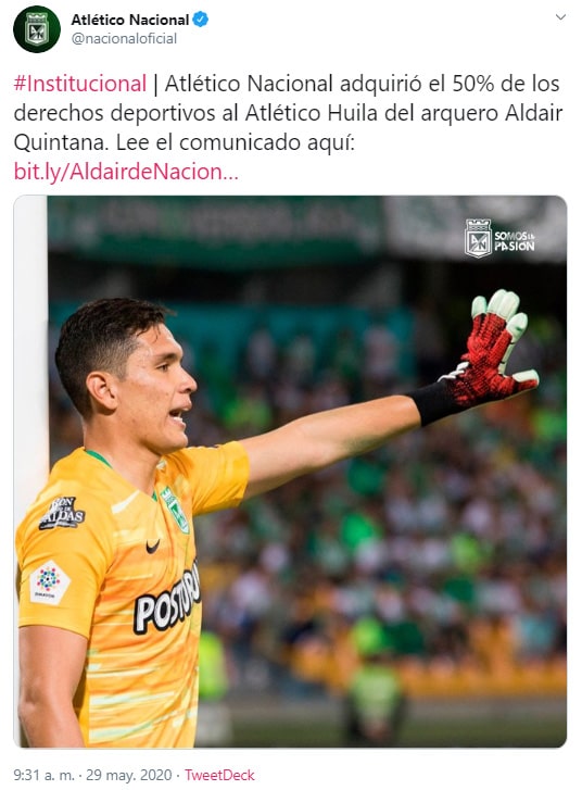 Atlético Nacional, Aldair Quintana, comunicado
