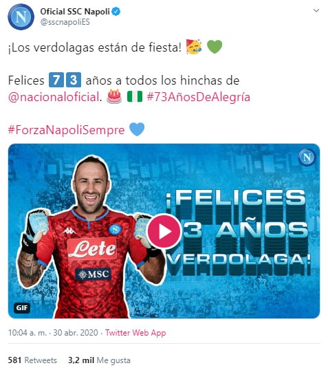 Atlético Nacional, Nápoli, felicitación