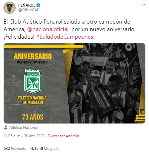 Atlético Nacional, Peñarol, felicitación