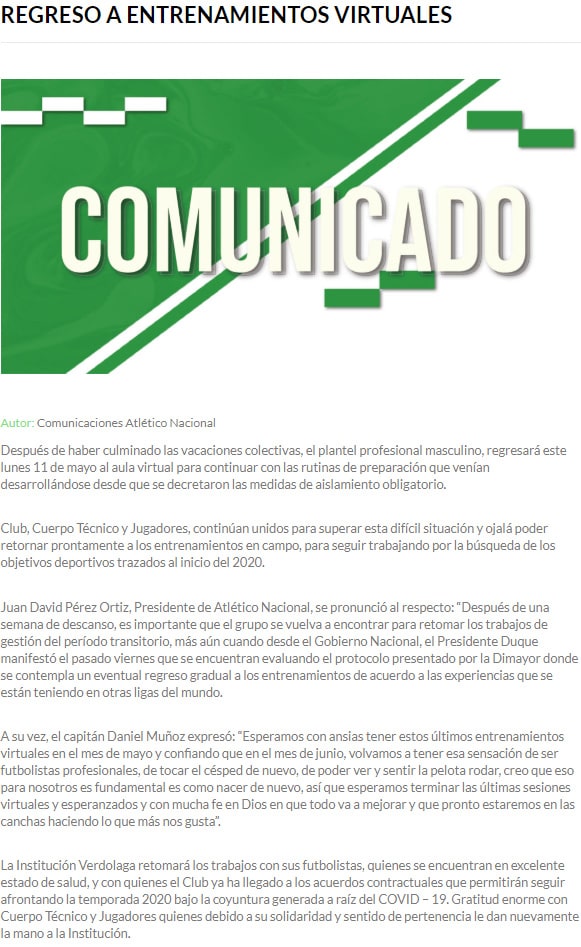 Atlético Nacional, prácticas virtuales, regreso, coronavirus COVID-19