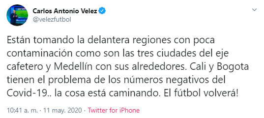 Carlos Antonio Vélez, Fútbol Profesional Colombiano, reinicio, coronavirus COVID-19 (1)