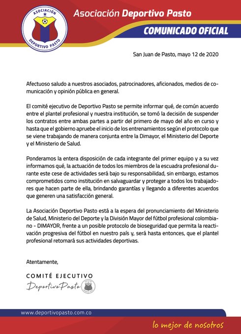 Deportivo Pasto, suspensión contratos, Liga 2020-I, coronavirus COVID-19