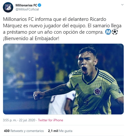 Millonarios FC, Ricardo Márquez, contratación