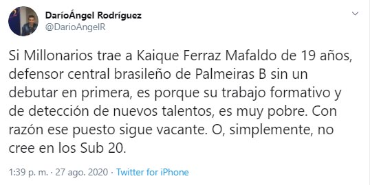 Kaique Ferraz Mafaldo, Millonarios FC, Darío Ángel Rodríguez