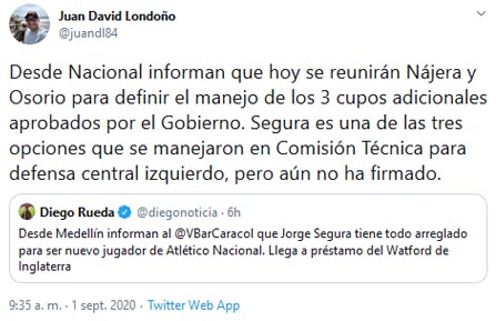 Atlético Nacional, Jorge Segura, Juan David Londoño