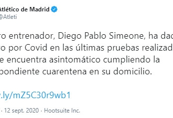 Atlético de Madrid informó del positivo por COVID-19 de Diego Simeone