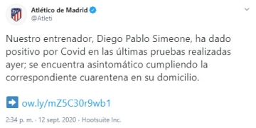 Atlético de Madrid informó del positivo por COVID-19 de Diego Simeone