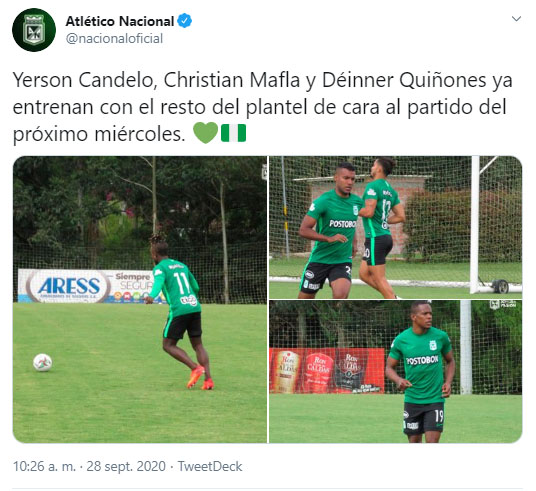 Christian Mafla, Yerson Candelo, Déinner Quiñones, Atlético Nacional, Deportes Tolima, Liga 2020-I