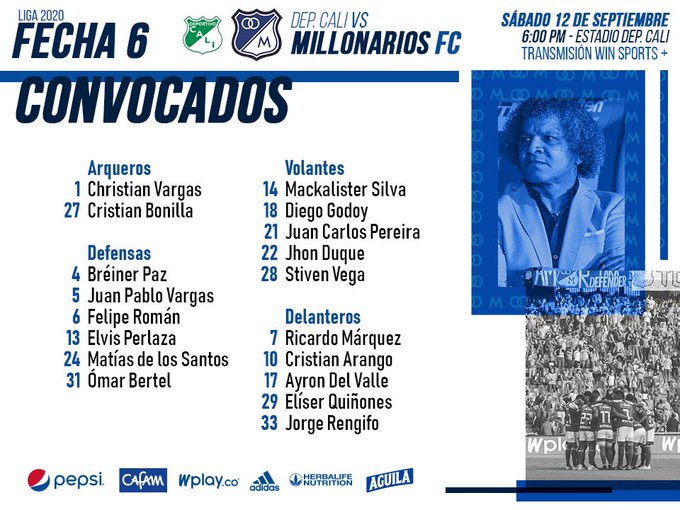 Millonarios FC, convocatoria, Deportivo Cali, Liga 2020-I