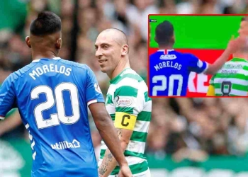 Alfredo Morelos muy a lo suyo contra el capitán del Celtic
