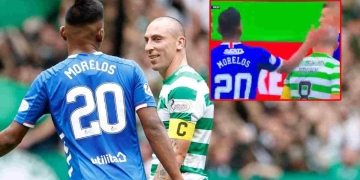 Alfredo Morelos muy a lo suyo contra el capitán del Celtic
