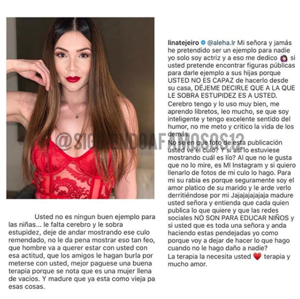 Lina Tejeiro responde comentario en Instagram