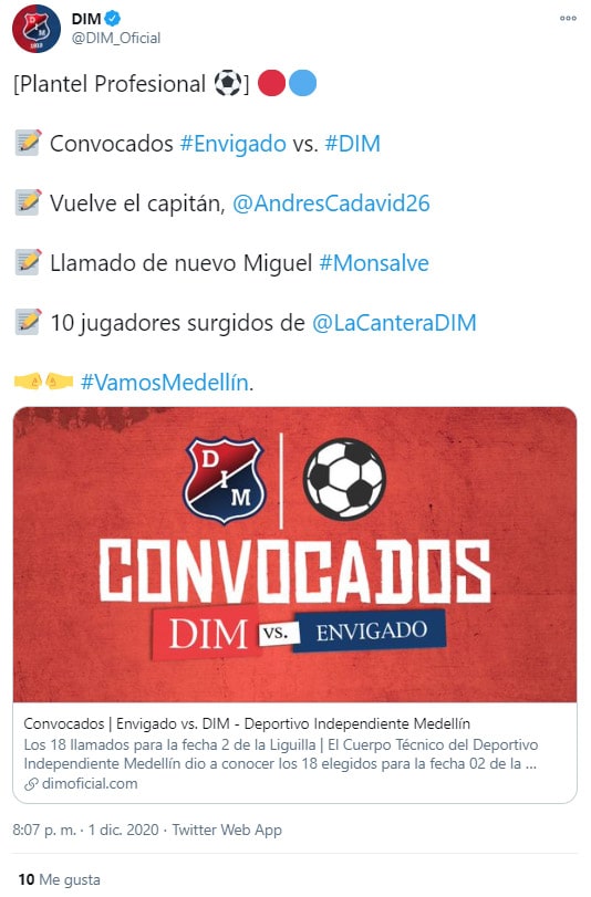 Andrés Cadavid, DIM, Deportivo Independiente Medellín, COVID-19, Liguilla BetPlay 2020, convocatoria, Envigado FC