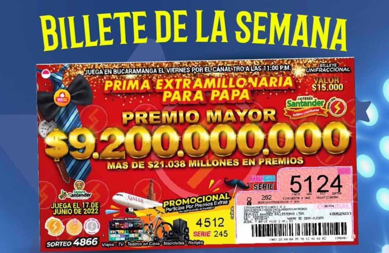 Resultado sorteo Lotería de Santander, 17 de junio 2022