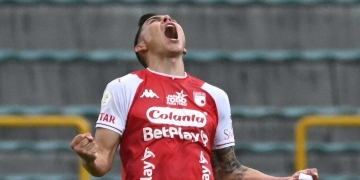 Harold Rivera y su primer gol con Santa Fe