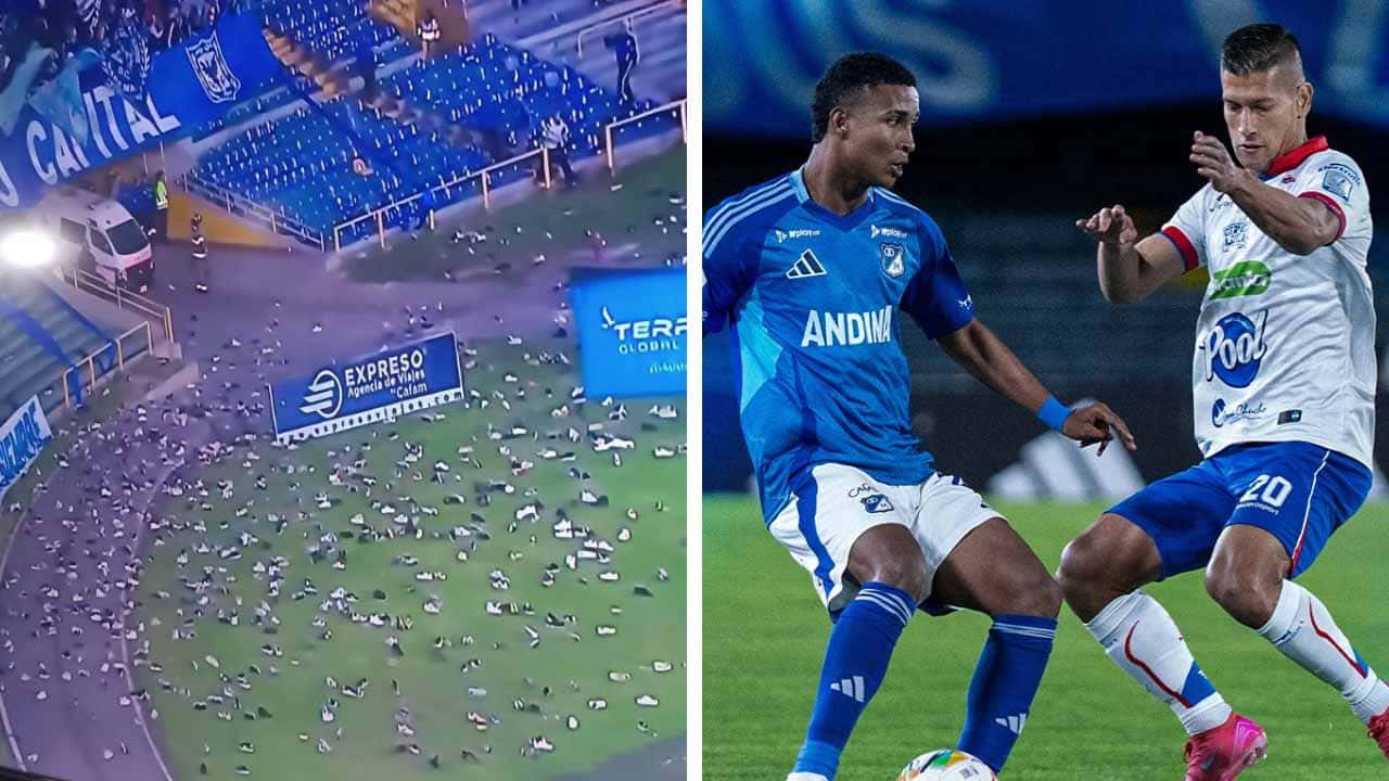 millonarios hinchada lanza zapatos a la cancha protesta