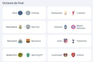 champions league octavos final sorteo real madrid manchester city barcelona newcastle psg arsenal equipos eliminacion directa fechas final budapest rumania liga campeones
